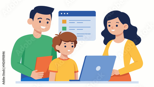 Proud parents looking on as their child confidently presents a website they created during the advanced coding workshop.. Vector illustration