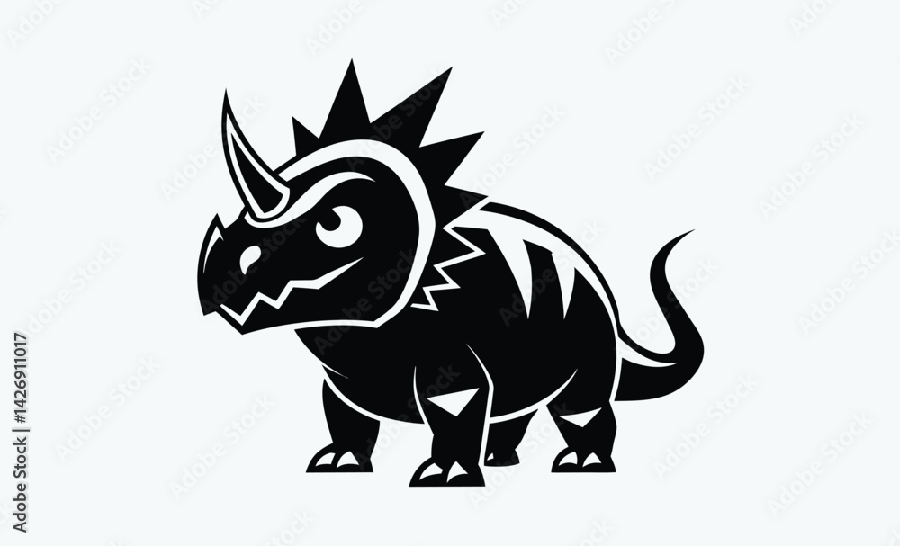 Obraz premium Triceratops silhouette, This image shows a black silhouette of a triceratops, a prehistoric dinosaur known for its three horns and frilled head. Vector clipart illustration design.