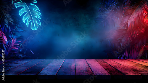 Neon Tropical Leaves On Wooden Table Display
