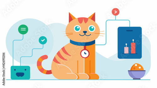 A before and after illustration showing the difference in a cats engagement level when playing with a regular toy versus a customized one controlled. Vector illustration