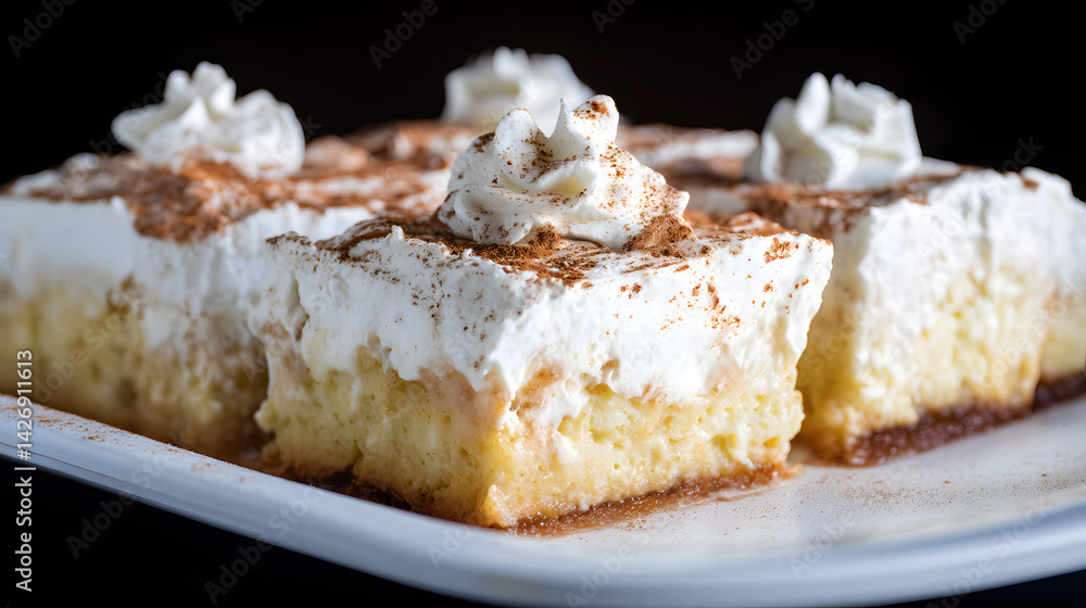 Delightful Tres Leches Cake Slices with Cream Topping and Dusting of Cocoa Powder on Elegant Plate Delightful Tres Leches Cake Slices with Cream Topping and Dusting of Cocoa Powder on Elegant Plate
