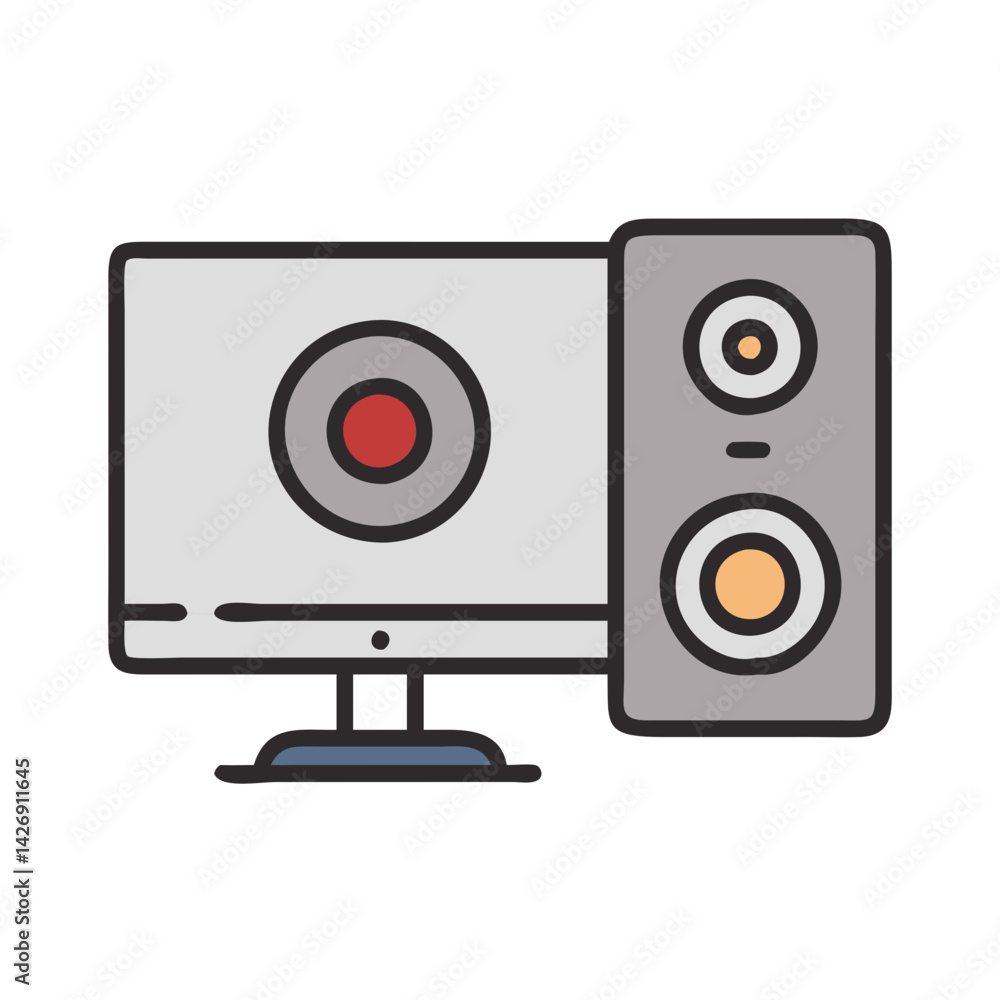 Computer setup icon with monitor and speaker illustration Computer setup icon with monitor and speaker illustration