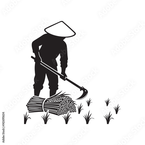 Farmer Planting Rice – Silhouette Vector Design Agriculture Worker Silhouette