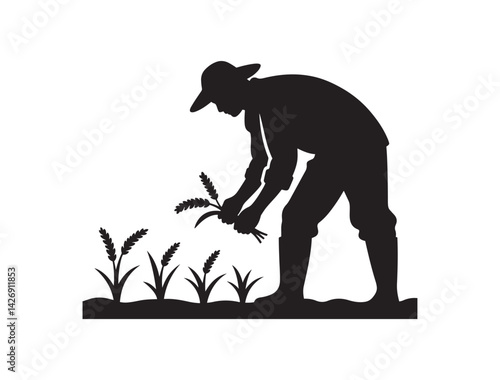 Farmer Planting Rice – Silhouette Vector Design Agriculture Worker Silhouette
