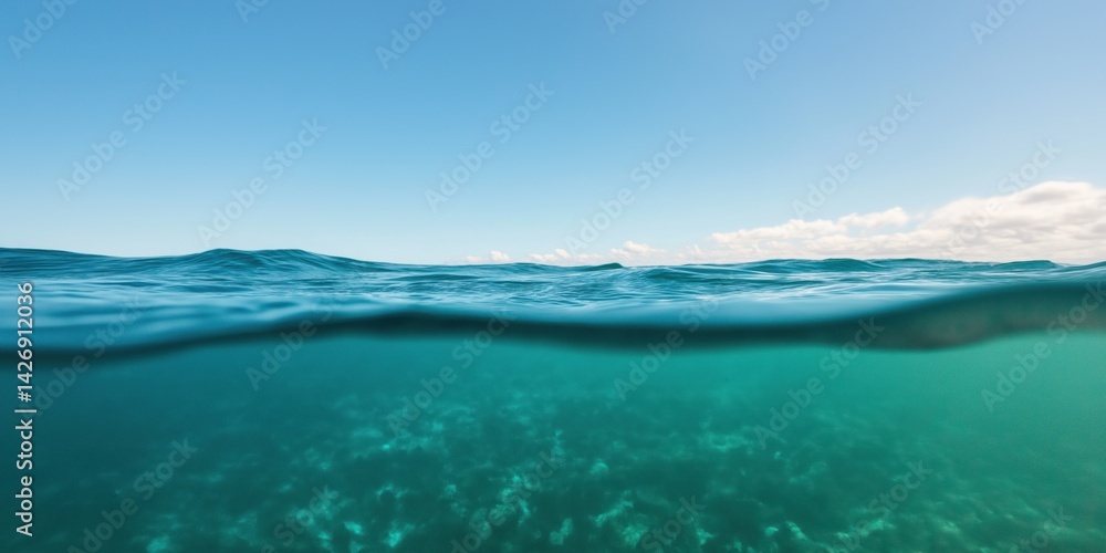 Fototapeta premium Calm ocean surface with clear blue sky and underwater view