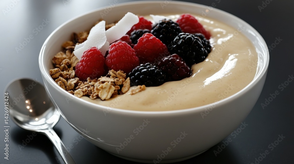 A tropical smoothie bowl topped with granola, berries, and coconut flakes. A tropical smoothie bowl topped with granola, berries, and coconut flakes.