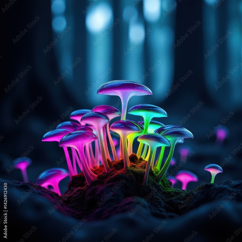 Enchanting cluster of neon-colored glowing mushrooms creating magical light patterns on dark forest floor surrounded by twisted ancient trees
Enchanting cluster of neon-colored glowing mushrooms creating magical light patterns on dark forest floor surrounded by twisted ancient trees