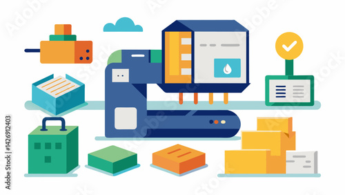 The printers versatility is displayed as it seamlessly switches between different materials such as metal and plastic to create customized elements. Vector illustration