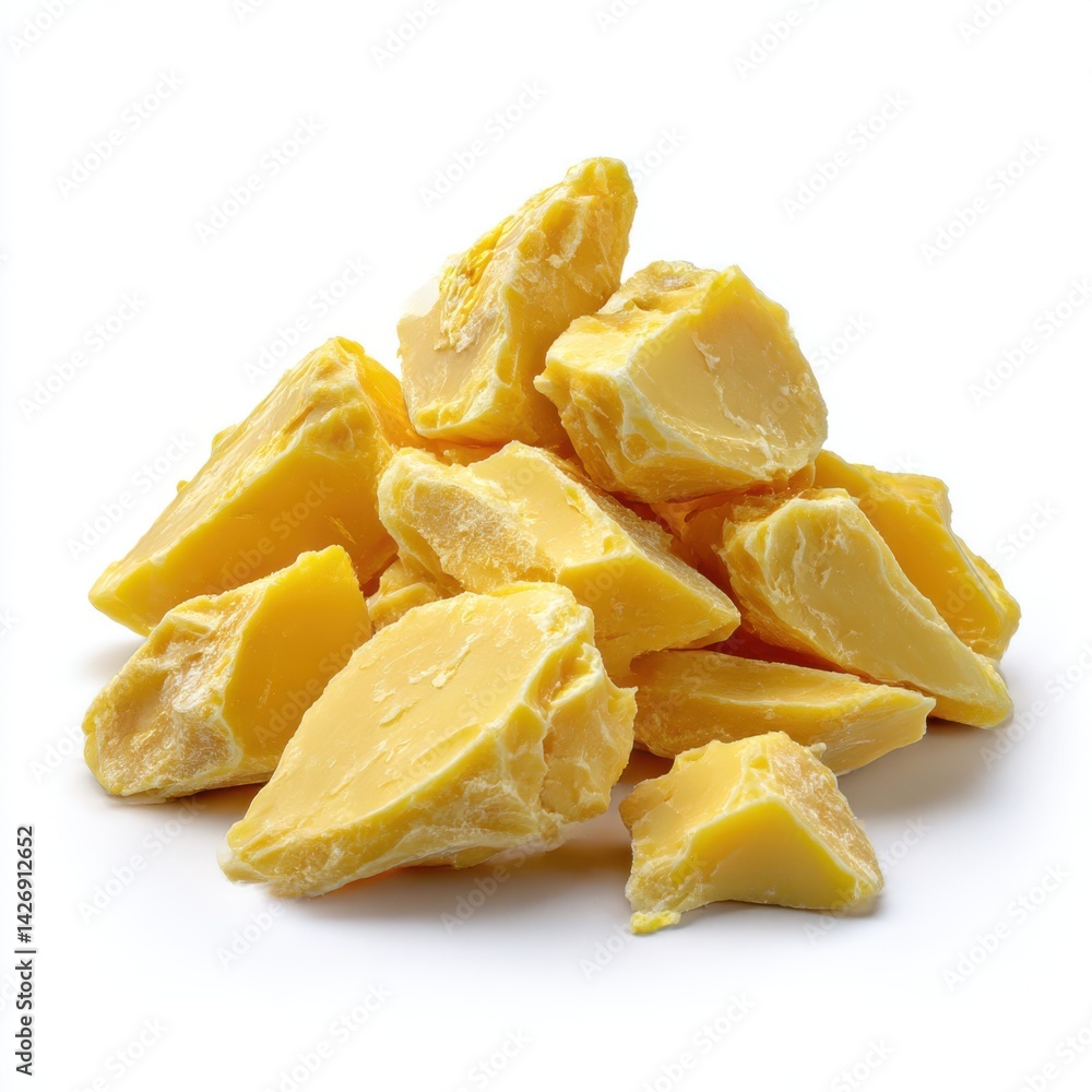 Pile of yellow cocoa butter chunks on display Pile of yellow cocoa butter chunks on display