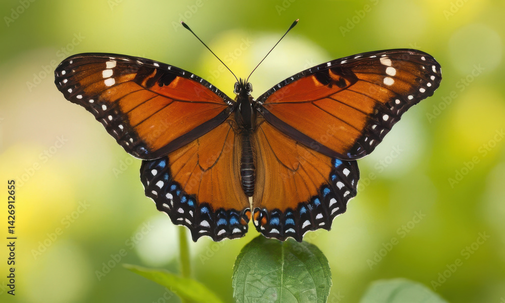 Fototapeta premium A small butterfly perched on the tip of a green leaf