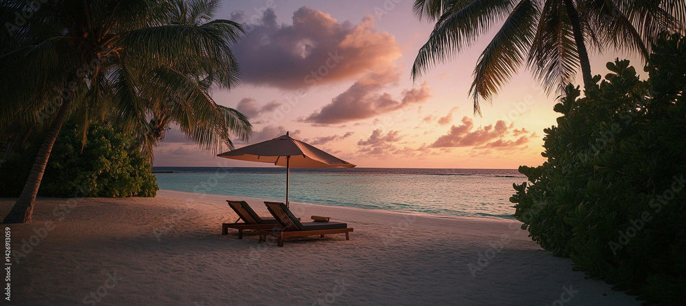 Fototapeta premium Paradise Beach Two Chairs, Sunshade, Palm Trees, Ocean, and a Stunning Sunset