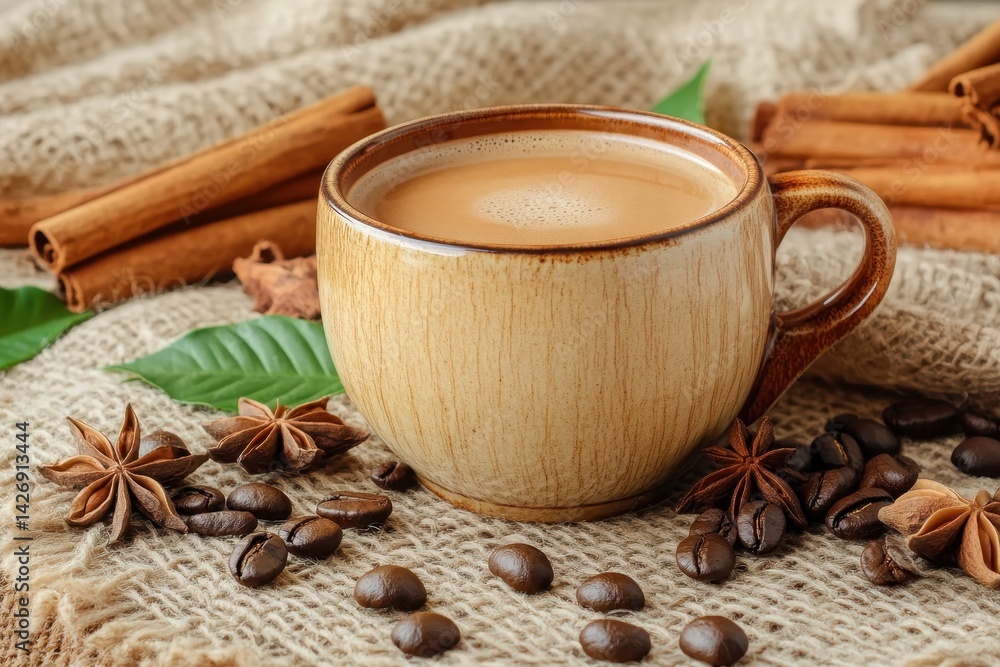 Savory cup of aromatic coffee on a rustic table with spices and beans in a cozy setting, A cup of aromatic coffee in a cup on a table Savory cup of aromatic coffee on a rustic table with spices and beans in a cozy setting, A cup of aromatic coffee in a cup on a table