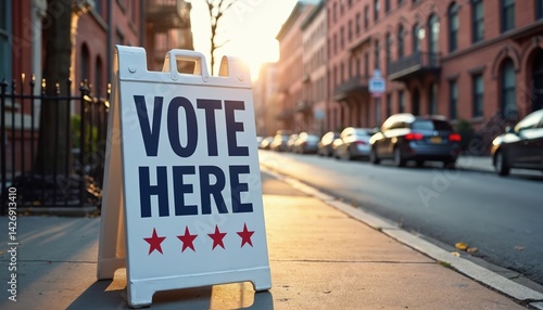 Sign with message Vote Here on sidewalk in New York City. American elections, voting place, urban city street scene. Afternoon sunlight, democracy, civic duty concept.