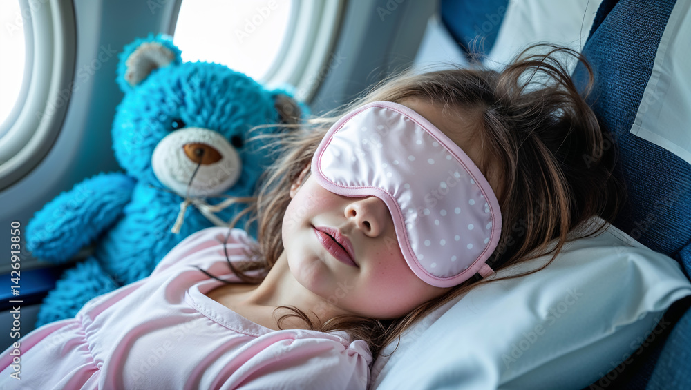 portrait of little girl with soft toy wearing sleep mask sleeping on airplane