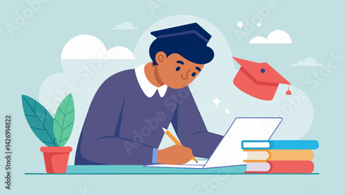 A determined scholar interrupts their study session to compose a heartfelt thank you letter acknowledging the support and generosity of their. Vector illustration