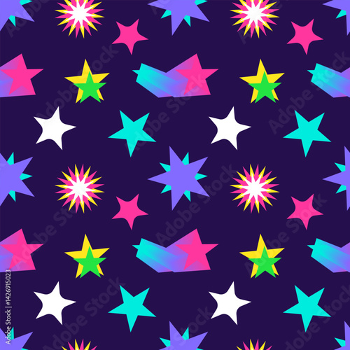 Vibrant abstract Memphis style seamless pattern featuring colorful stars on a dark blue space background. Perfect for wallpaper, wrapping paper and gift box, or textile and fabric.