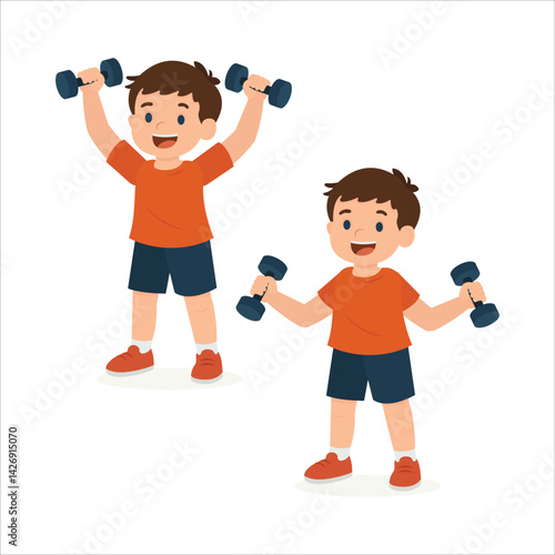 Smiling cartoon boy lifting dumbbells, performing fitness exercises isolated on white. Body parts are movable. It's easy to change poses and animate the character.  Part of set.