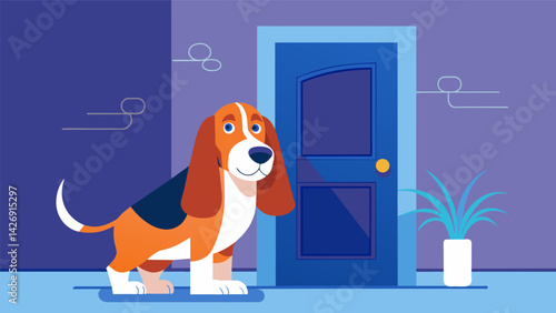 A dignified basset hound exits the house through the smart pet door its long droopy ears catching the attention of the facial recognition technology.. Vector illustration