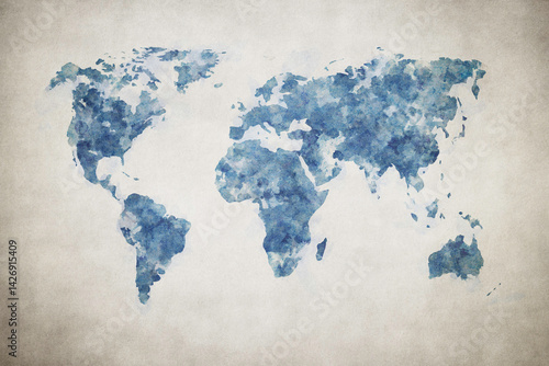 Grunge world map on vintage paper background in watercolour style..