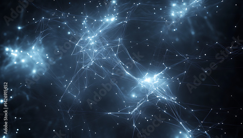Neurons enclosed in an abstract background with dark blue and white colors, featuring glowing neural connections forming intricate patterns on the surface of brain cells.