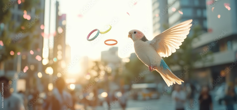 Bird in flight urban environment colored rings