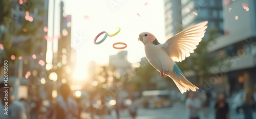 Obraz na płótnie Bird in flight urban environment colored rings w salonie