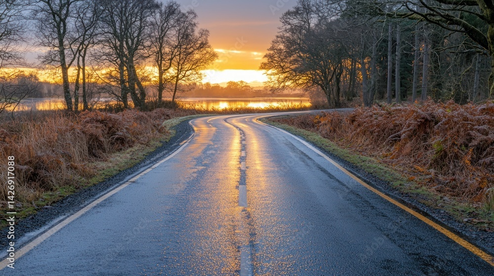 Fototapeta premium Winding road at sunrise through a forest