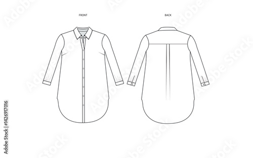 Women Long sleeves Blouse with cuffs,Classic collar,back yoke flat fashion sketch template. Technical Fashion Illustration