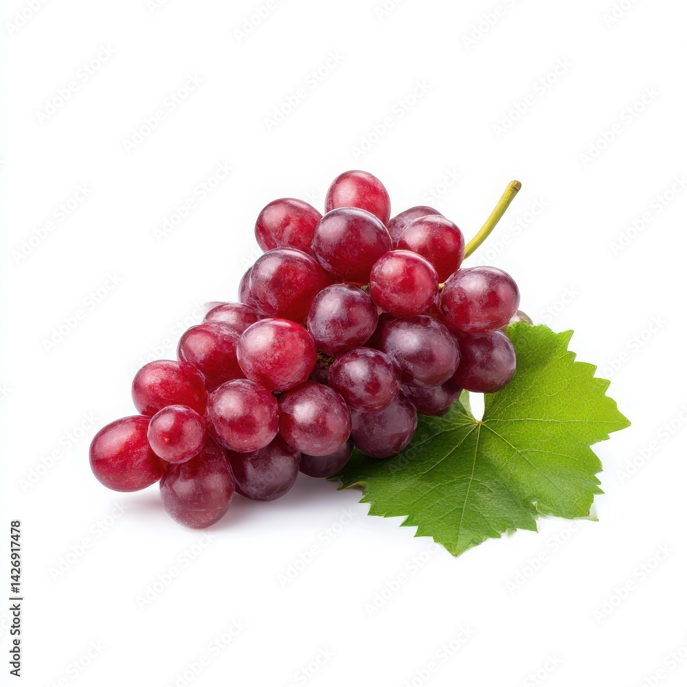 Fototapeta premium Bunch of red grapes with leaf isolated on white background