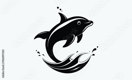 Whale breaching silhouette, Dark silhouette of a whale breaching against a clean white background showcasing marine life in motion 