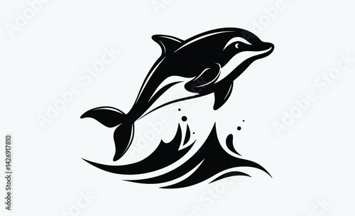 Whale breaching silhouette, Dark silhouette of a whale breaching against a clean white background showcasing marine life in motion 