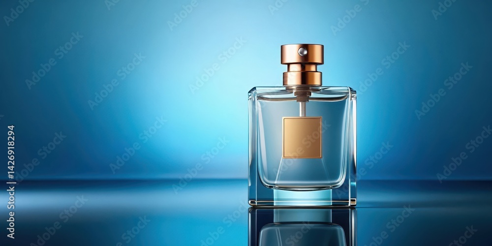 Glass perfume bottle mockup with blank label on blue background, elegance, packaging, elegance, packaging Glass perfume bottle mockup with blank label on blue background, elegance, packaging, elegance, packaging