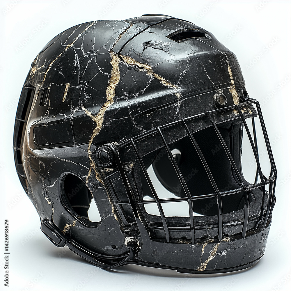 Fototapeta premium Damaged used black hockey helmet isolated on white background 