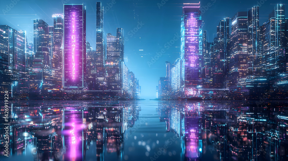 Obraz premium Futuristic Cityscape At Night With Neon Lights Reflecting On Water