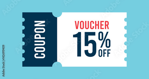 15% Off Sale Voucher Coupon. Gift Voucher, Fifteen percent Promotion Illustration, Tag Label, Sale Banner With Discount Coupon.