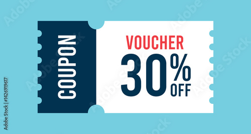 30% Off Sale Voucher Coupon. Gift Voucher, Thirty percent Promotion Illustration, Tag Label, Sale Banner With Discount Coupon.