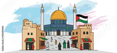 Al-Aqsa Mosque. Qibli Mosque. Vector illustration. Islamic Palestine historic landmarks and sightseeing. Vector illustration.