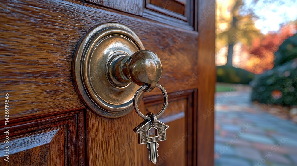 Wooden door with keys and house shaped keychain