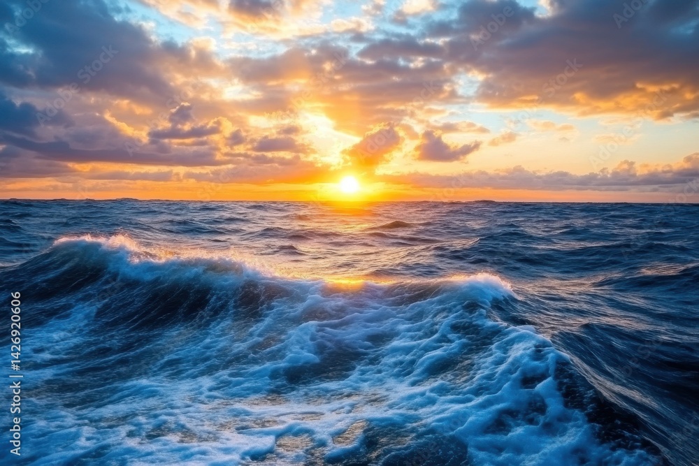Obraz premium Sunset casts golden hues on rippling ocean waves under a vibrant sky, At sunset, the setting sun shines on the rippling wavelets of the sea