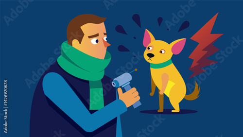 A concerned owner holding up a thermal imaging camera to their shivering Chihuahua revealing a bright yellow hotspot on its neck indicating an .. Vector illustration