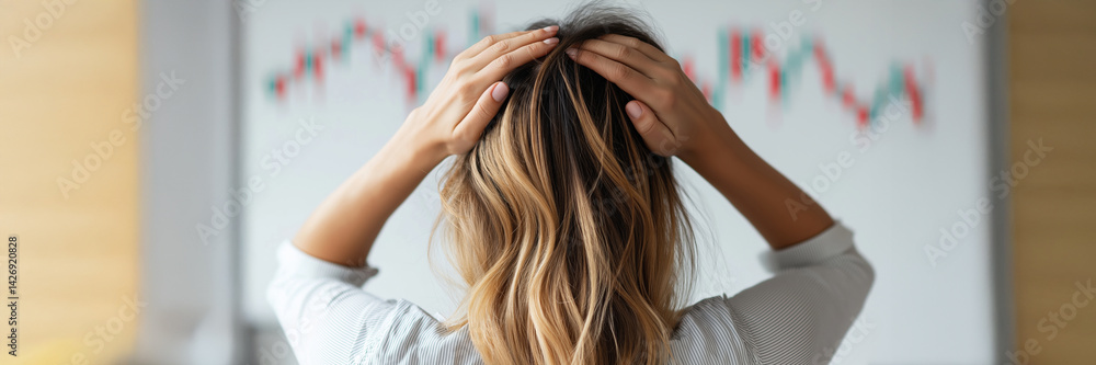 Fototapeta premium A woman with brown hair is looking at a graph on a wall.