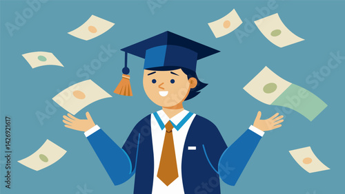 A cartoon of a student graduating with a tassel made of loan bills hanging from their cap illustrating the longterm consequences of using loans for. Vector illustration