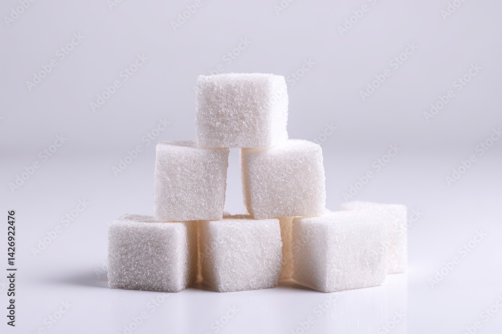 White sugar cubes stacked on a white background with copy space White sugar cubes stacked on a white background with copy space