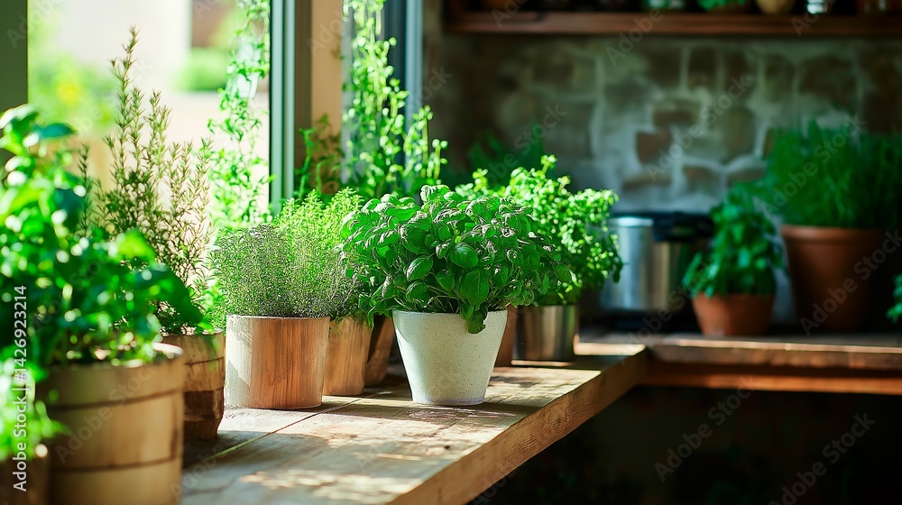 Fototapeta premium interior of modern kitchen with green plants and wooden floor