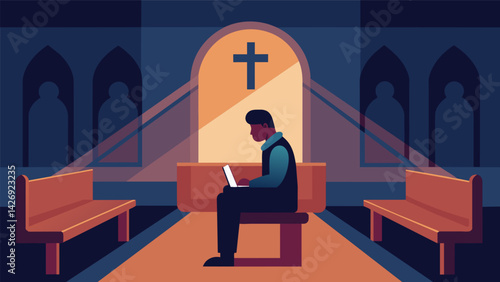 A person sitting in a church pew finding peace and reflection in the quiet serenity of the sanctuary.. Vector illustration