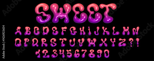 Wavy 3D font design featuring liquid letters and numbers in a glossy reflective style on a dark background.