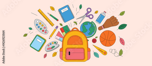 Backpack Overflowing with School Supplies and Sports Gear