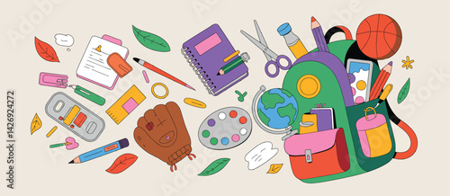 Backpack Overflowing with Colorful School Supplies and Sports Gear