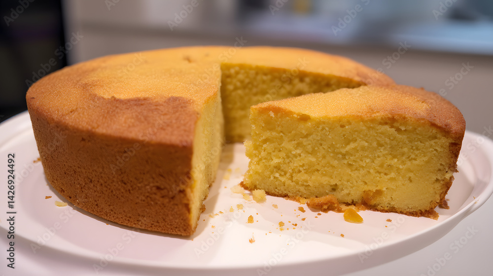 Delicate Madeira Cake Slices Showcasing Soft Sponge Texture on a White Plate in Well-Lit Kitchen Setting Delicate Madeira Cake Slices Showcasing Soft Sponge Texture on a White Plate in Well-Lit Kitchen Setting