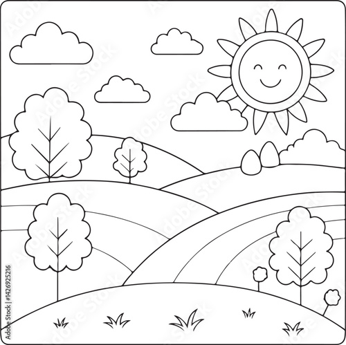 Canvas-taulu Charming Black and White Coloring Page Featuring a Happy Sun and Rolling Hills L